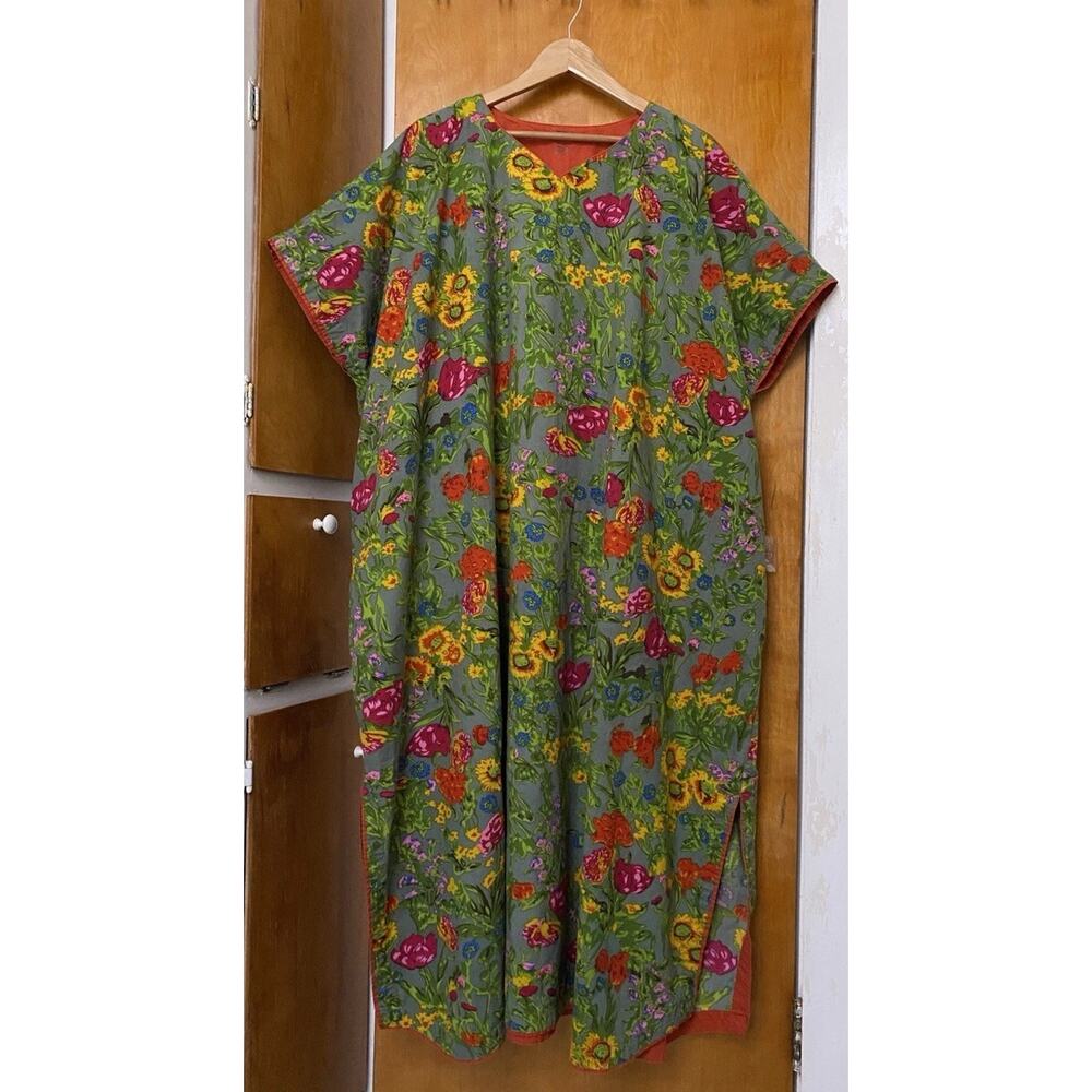 J PETERMAN Cotton Oversized Maxi Kaftan Mumu Pockets One Size Floral Boho Dress - Picture 2 of 8